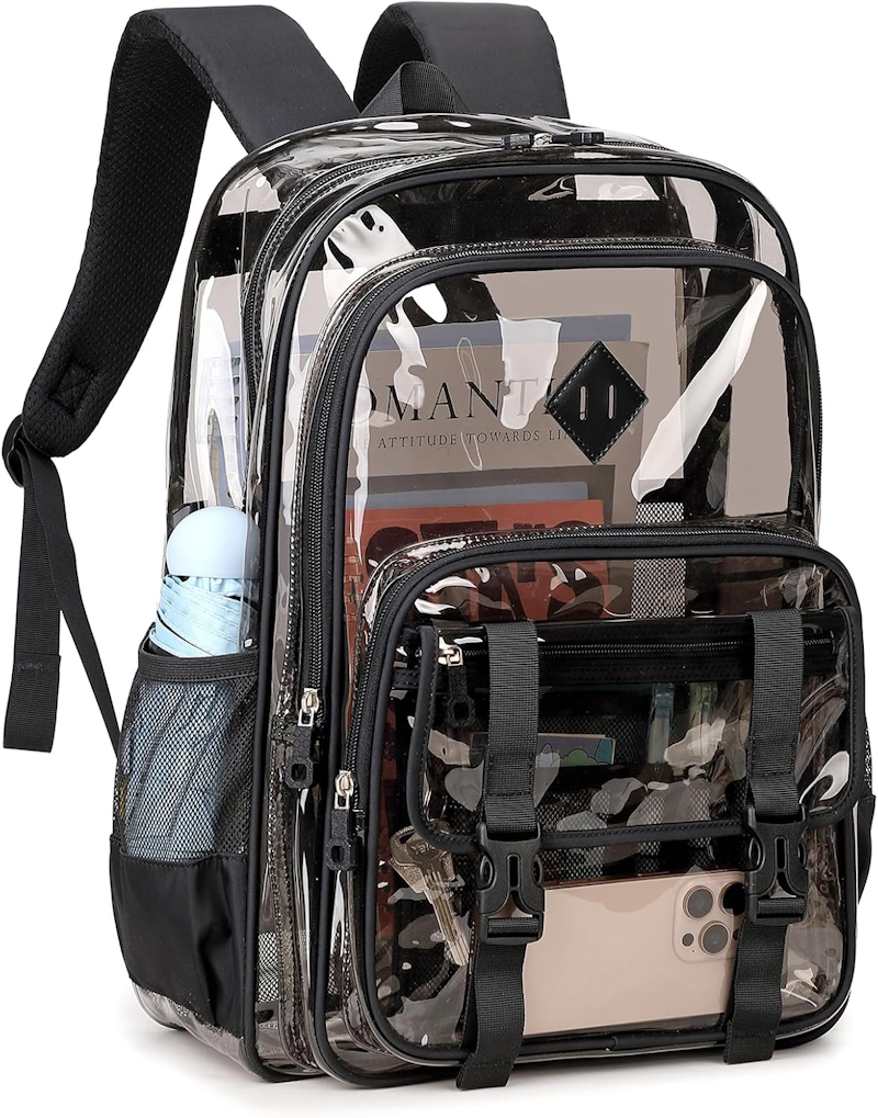 Clear Backpack with Front Pocket, a clear stadium approved bag measuring 12" x 6" x 12"
