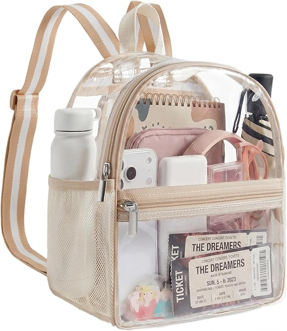 Clear Mini Backpack, a clear stadium approved bag measuring 10" x 4" x 11"