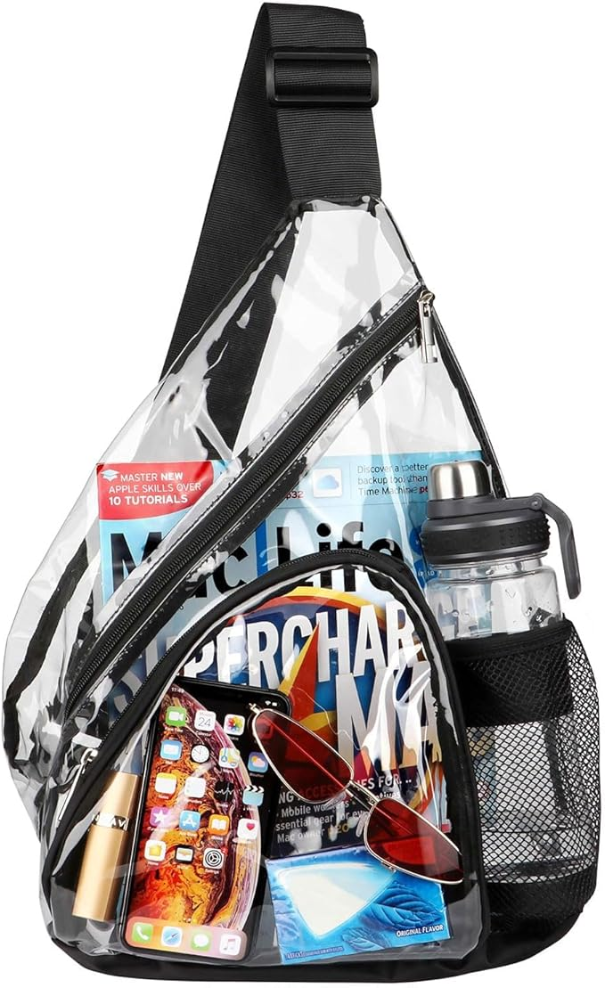 Clear Sling Bag, a clear stadium approved bag measuring 8" x 3" x 6"