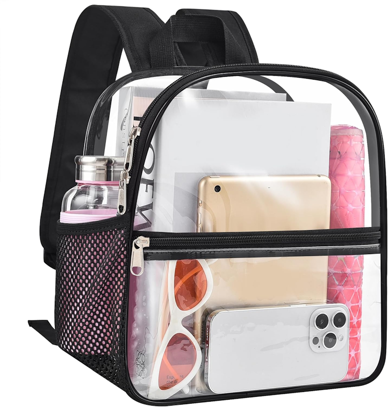 Clear Stadium Backpack, a clear stadium approved bag measuring 12" x 6" x 12"