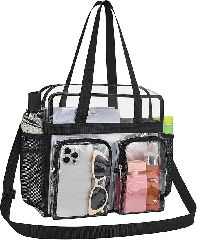 Clear Tote with Front Pocket, a clear stadium approved bag measuring 12" x 6" x 12"