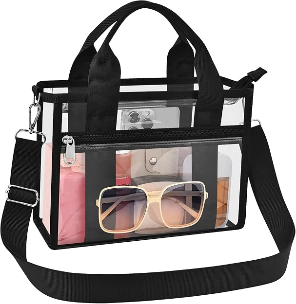 Clear Tote with Shoulder Strap, a clear stadium approved bag measuring 12" x 6" x 12"