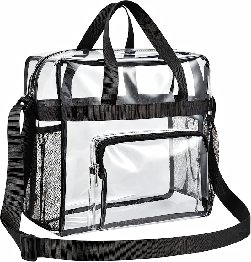Clear Tote with Zip Top, a clear stadium approved bag measuring 12" x 6" x 12"