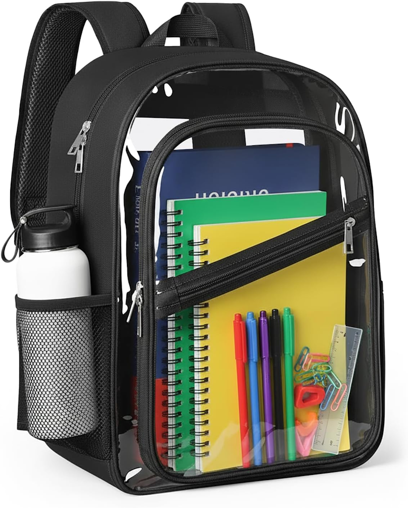 Heavy-Duty Clear Backpack, a clear stadium approved bag measuring 12" x 6" x 12"