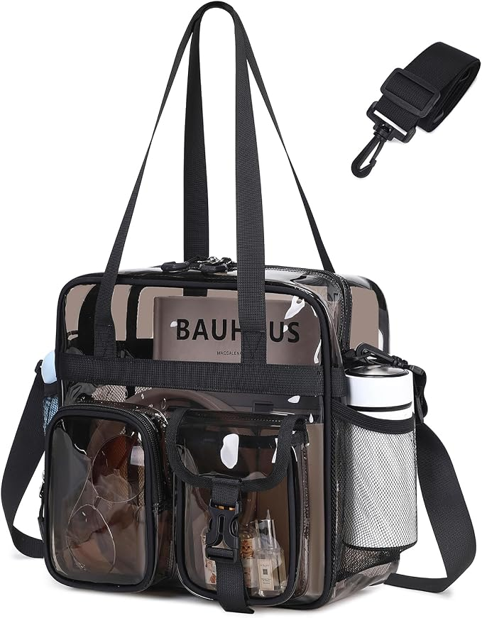 Heavy-Duty Clear PVC Tote, a clear stadium approved bag measuring 12" x 6" x 12"